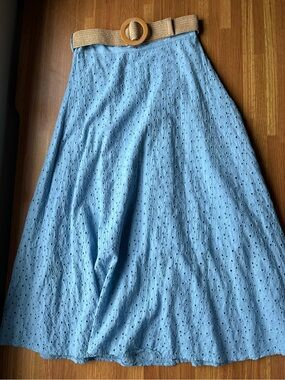 Light Blue Eyelet Midi Skirt with Woven Belt